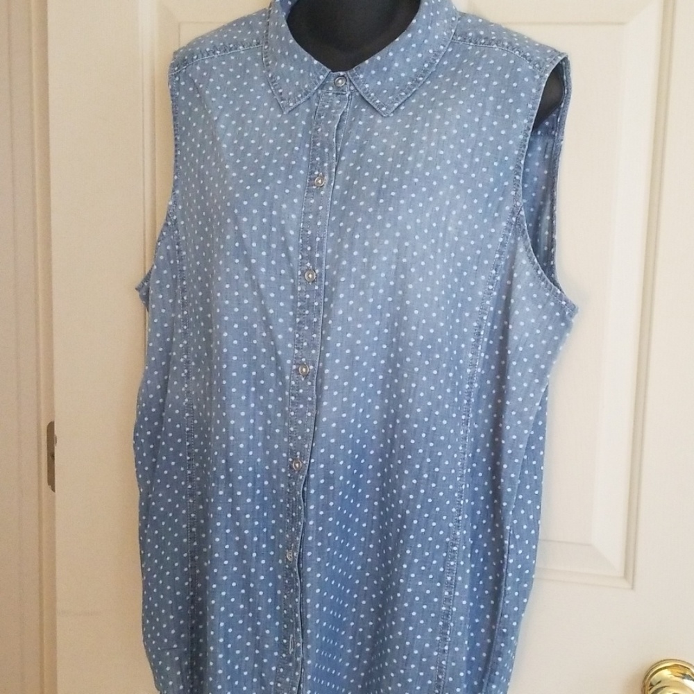 Chico's XL Sz 3 Denim Dot Sleeveless Shirt/Top